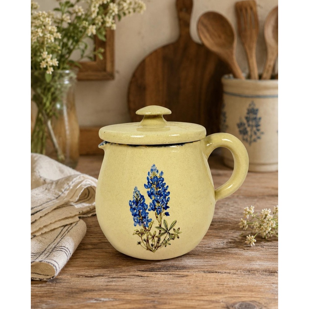 Vintage Yesteryears Bluebonnet Lidded Crock Mug Hand Turned Pottery Marshall TX